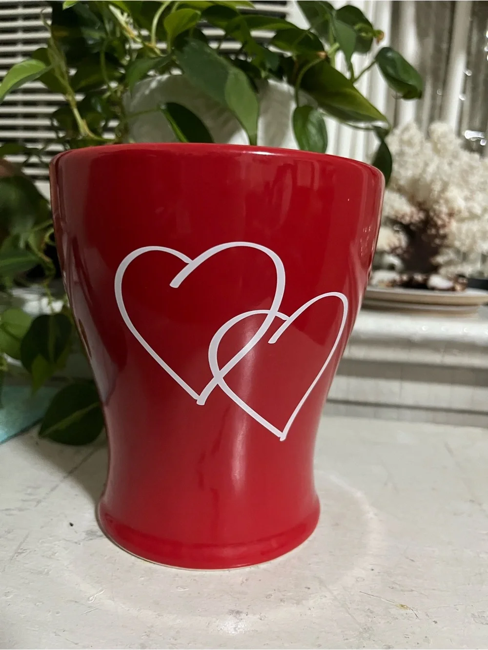 Red Ceramic Vase with White Heart Motif - Decorative Home Accent